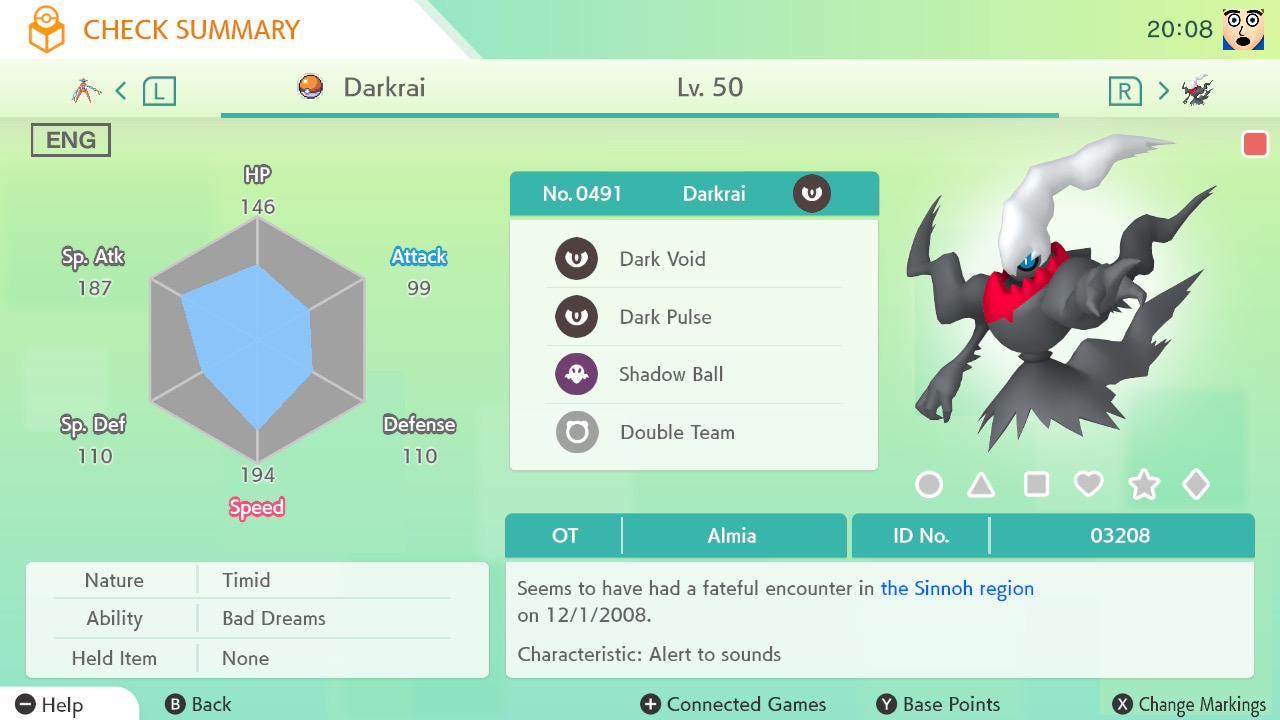 ENG Almia Darkrai Lv50 Event 6IV Timid Dark Void + Shadow Ball Legal Mythical Pokémon HOME SV Ready Ultra Rare Pokémon card photo