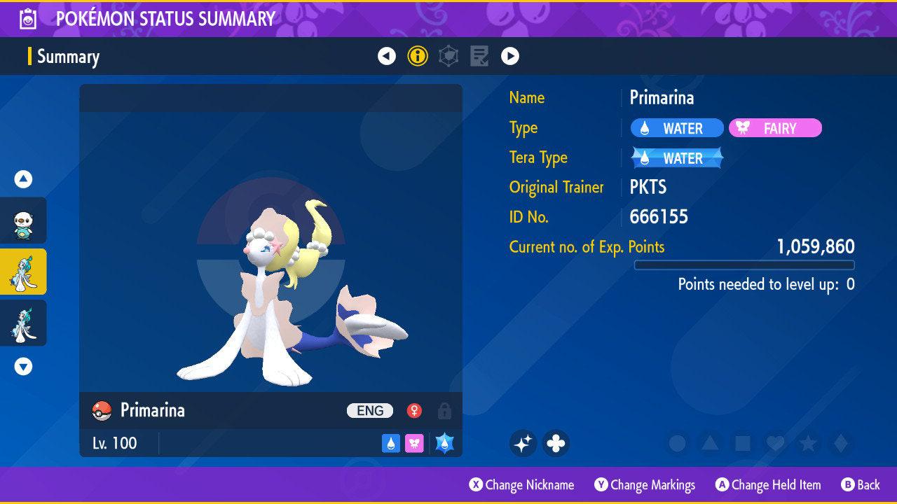 Shiny PRIMARINA Pokémon Scarlet Violet 6IV Competitive Battle Ready Pokémon card photo