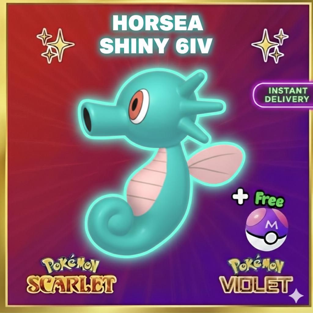 Shiny HORSEA Pokémon Scarlet Violet 6IV Competitive Battle Ready Pokémon card photo