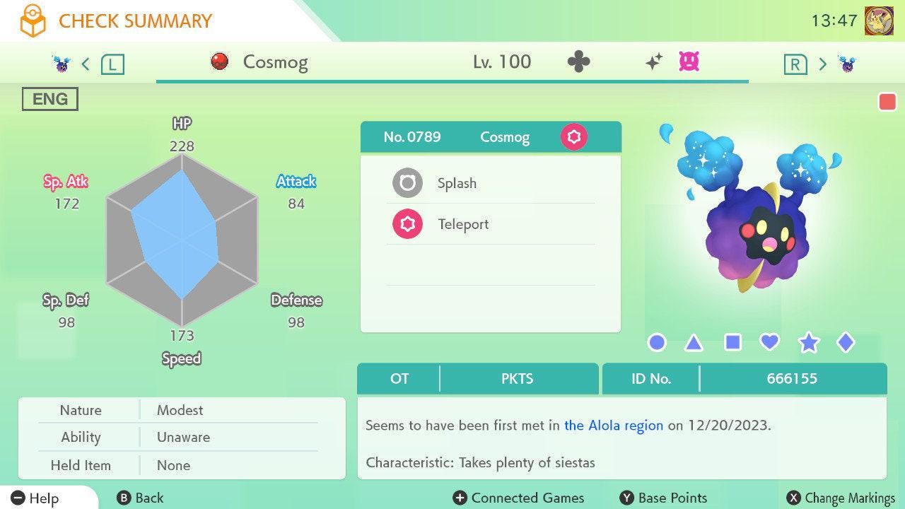 Foto de la carta Pokémon SHINY 6IV COSMOG Pokémon Escarlata y Púrpura 6IV Pokemon Competitivo Área Cero: Disco Índigo DLC Shiny Gratis