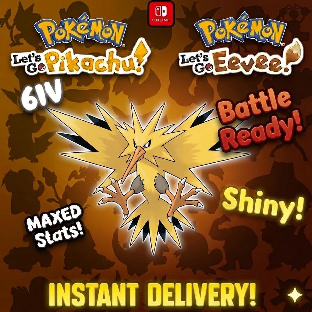 SHINY 6IV Zapdos Pokémon Lets Go Pikachu Eevee 6IV Competitive Battle Ready – Pokémon Let's Go Pokémon card photo