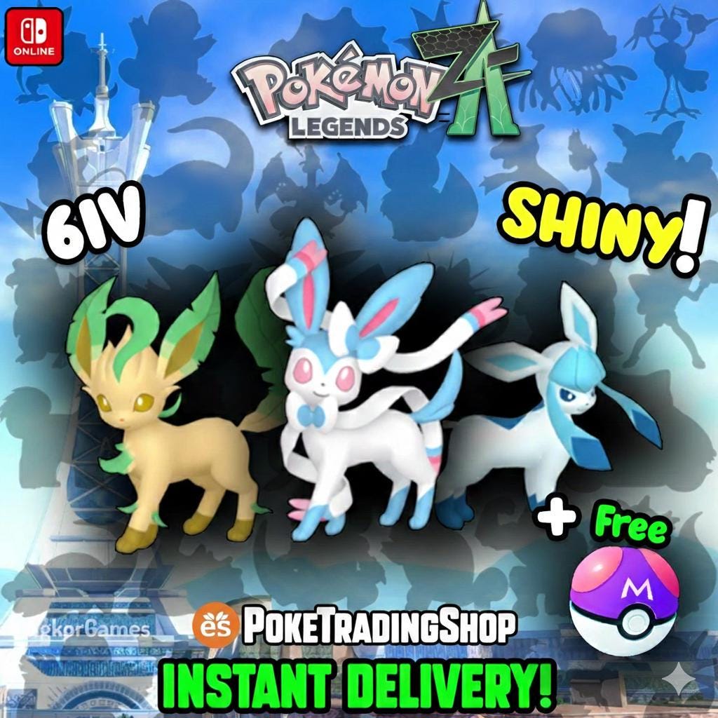Pokemon ZA Shiny Eeveelution Trio Leafeon Sylveon Glaceon 6IV Custom Battle Ready Bundle Unique Gamer Gift Pokémon card photo