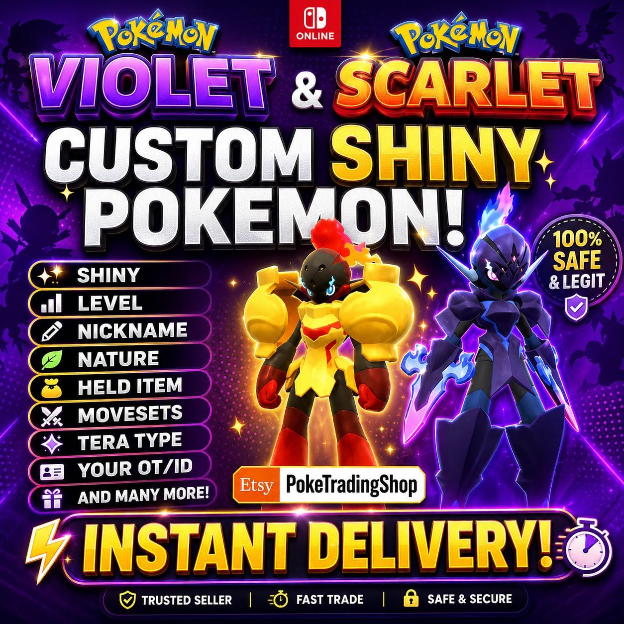 Pokémon Scarlet Violet Custom Shiny Pokémon Any Choice Battle Ready Instant Switch Trade – Custom Pokémon Pokémon card photo