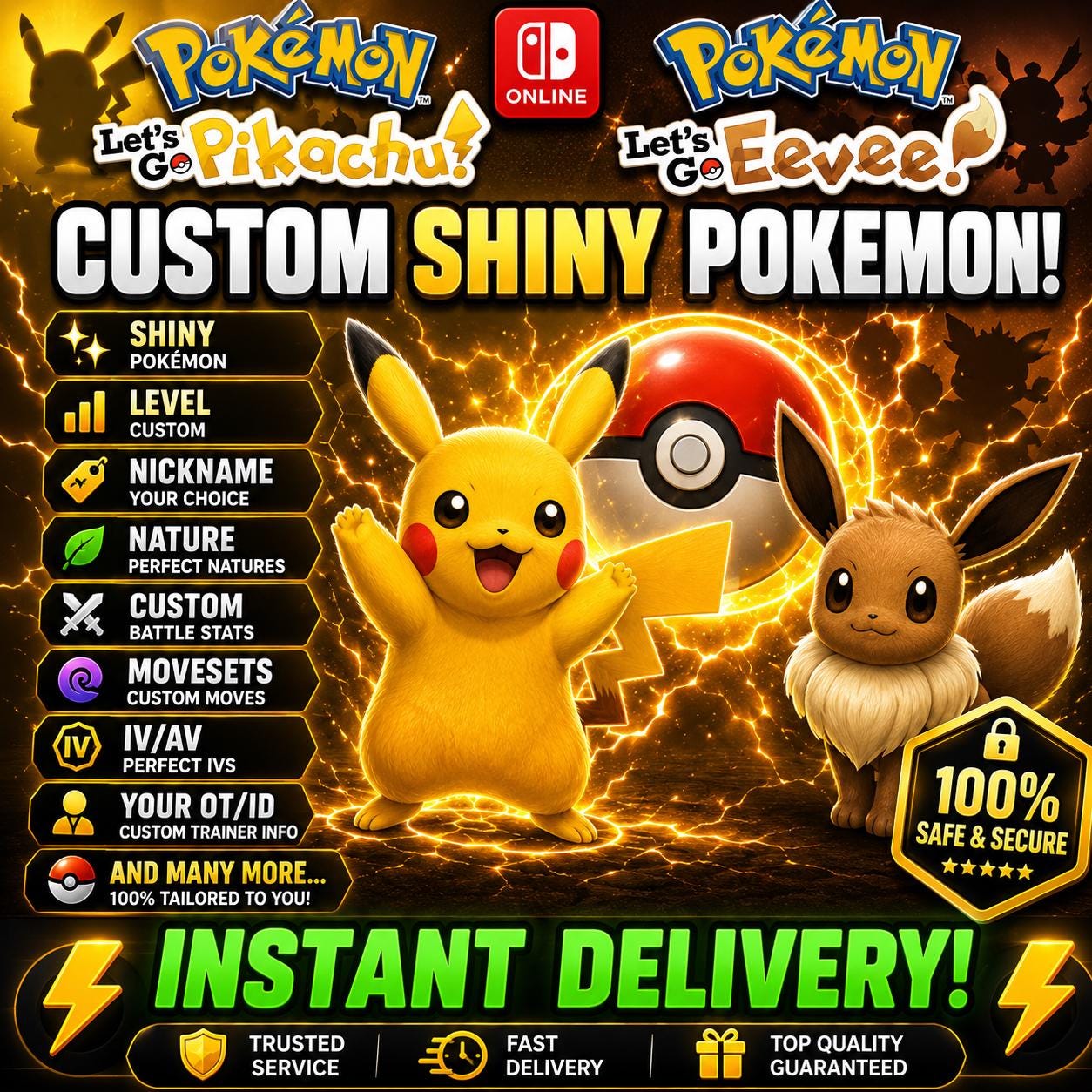 CUSTOM SHINY POKEMON Lets Go Pikachu Eevee Pokopia Ready Any Species Battle Ready 6IV Custom Ot Trainer Name Home Transfer Switch 2 Fast – Custom Pokémon Pokémon card photo