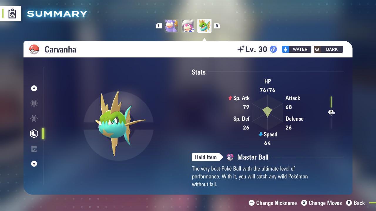 Foto de la carta Pokémon CARVANHA variocolor Pokémon Legends ZA 6IV listo para el combate competitivo