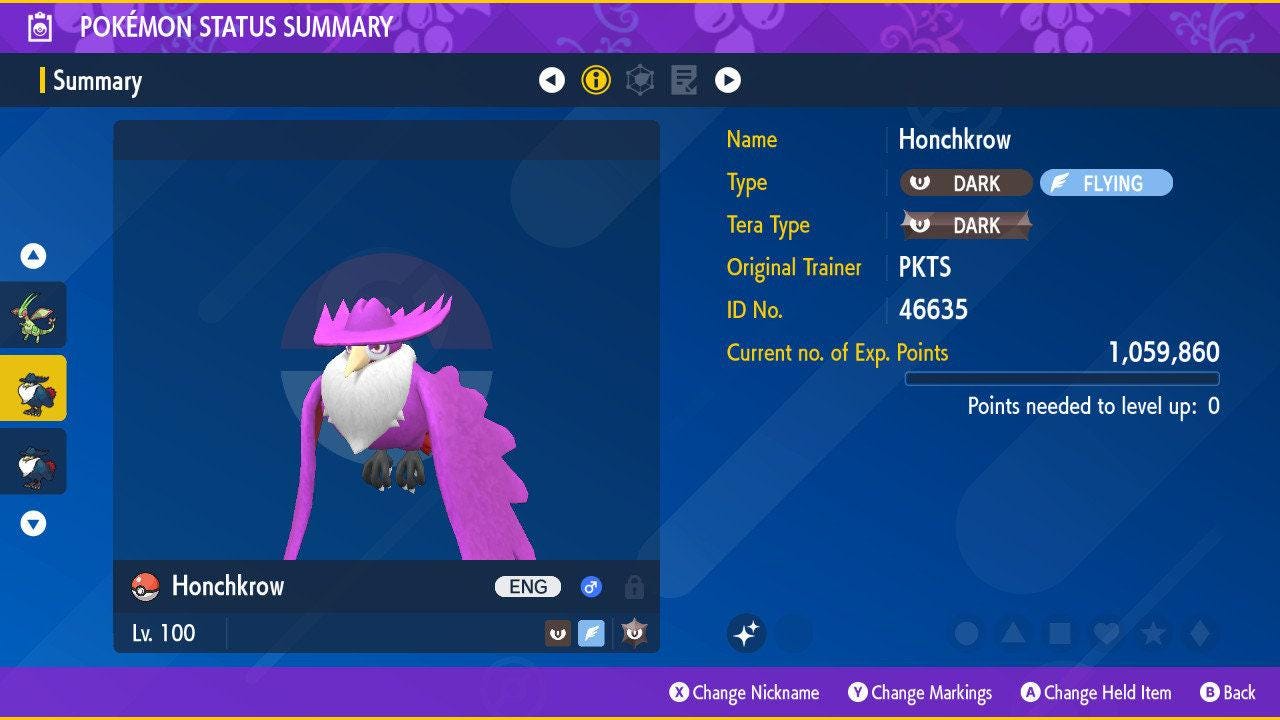 Foto de la carta Pokémon HONCHKROW variocolor Pokémon Escarlata y Púrpura 6IV competitivo listo para la batalla