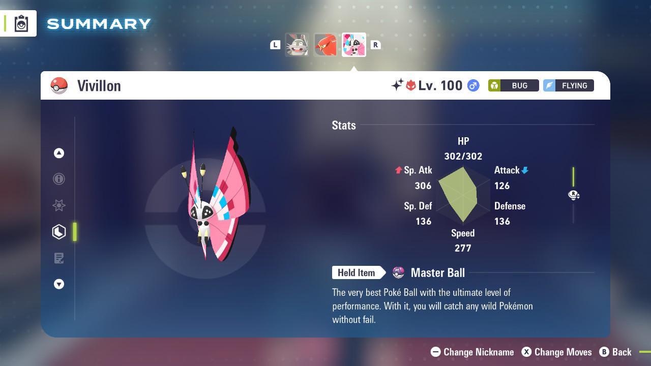 Foto de la carta Pokémon Shiny Alpha Vivillon Pokémon Legends ZA 6IV Listo para la Batalla Competitiva