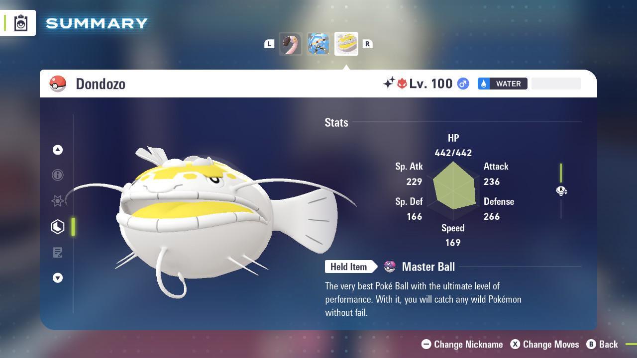 Foto de la carta Pokémon Shiny Alpha Dondozo Pokémon Legends ZA Mega Dimension DLC 6IV Listo para el Combate Competitivo 2