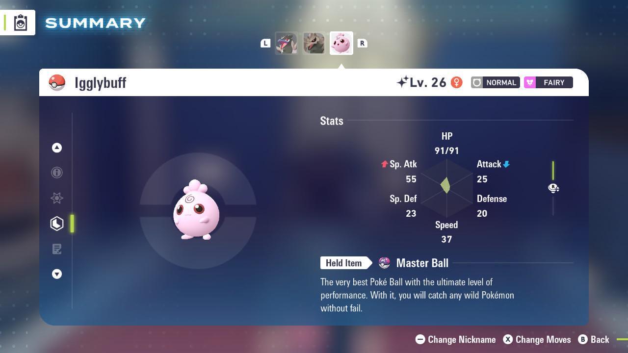 Foto de la carta Pokémon Igglybuff variocolor Pokémon Legends ZA Mega Dimensión DLC 6IV Listo para el combate competitivo