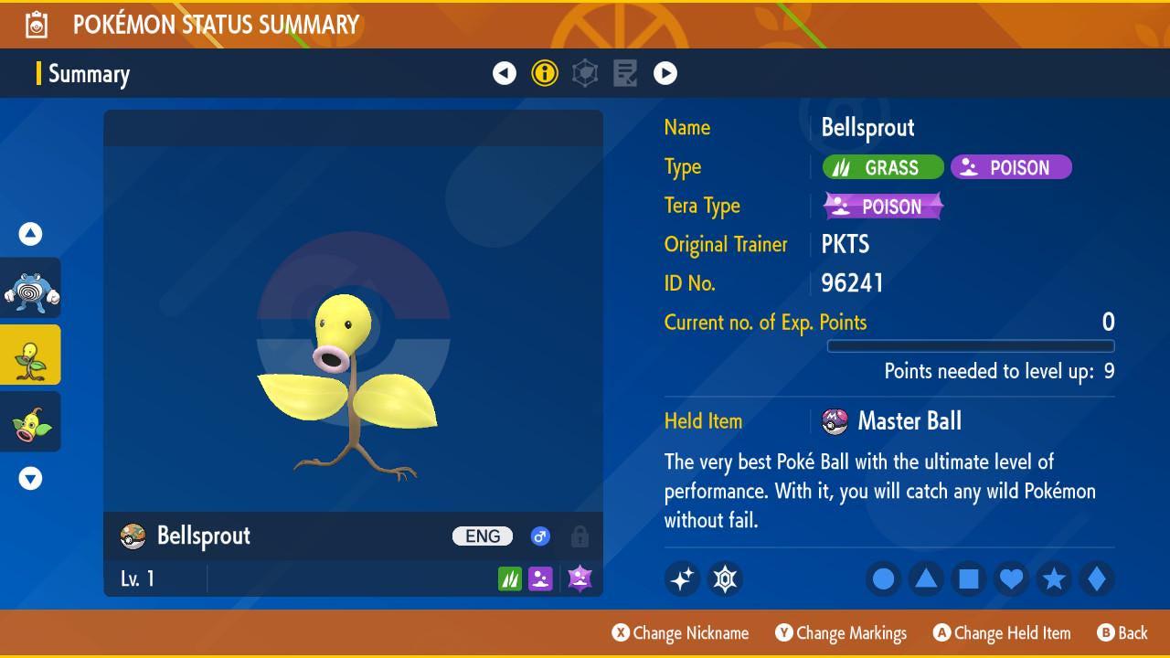 Foto de la carta Pokémon BELLSPROUT variocolor Pokémon Escarlata y Púrpura 6IV Listo para el combate competitivo 2