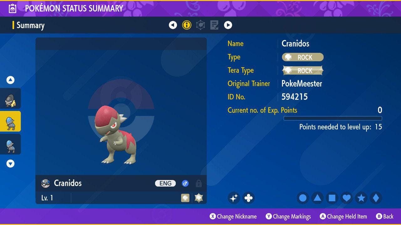 Foto de la carta Pokémon Shiny CRANIDOS Pokémon Escarlata y Púrpura 6IV Listo para el Combate Competitivo