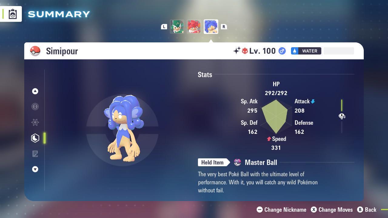 Foto de la carta Pokémon Simipour Alfa variocolor Pokémon Legends ZA 6IV listo para el combate competitivo