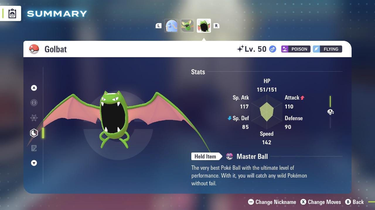 Foto de la carta Pokémon Shiny Golbat Pokémon Legends ZA Mega Dimension DLC 6IV Listo para el Combate Competitivo