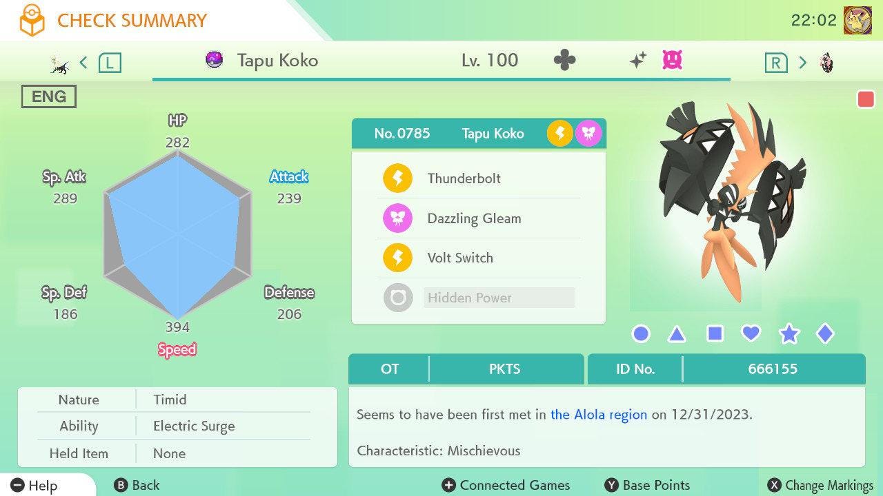 Shiny TAPU KOKO Pokémon HOME 6IV Competitive Battle Ready – Pokémon HOME Transfers Pokémon card photo