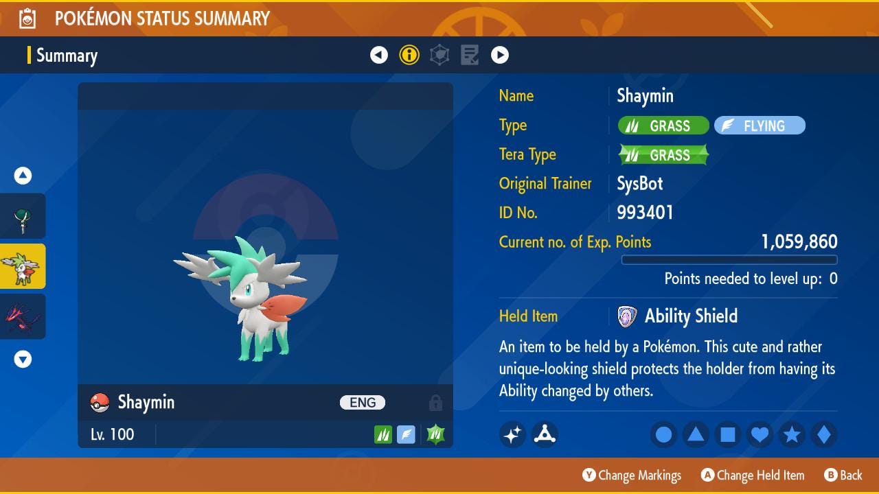 Foto de la carta Pokémon Shiny 6IV SKY FORME SHAYMIN Pokémon Escarlata y Púrpura 6IV Competitivo Listo para la Batalla