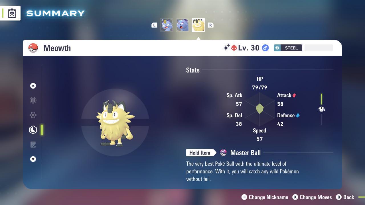 Foto de la carta Pokémon Shiny Alpha Meowth de Galar Pokémon Legends ZA 6IV Listo para la Batalla Competitiva