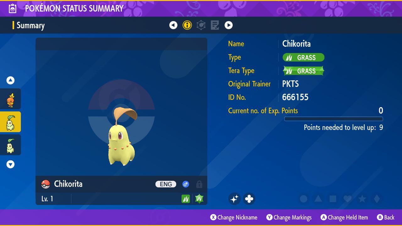 Shiny CHIKORITA Pokémon Scarlet and Violet 6IV Competitive Battle Ready Pokémon card photo 2