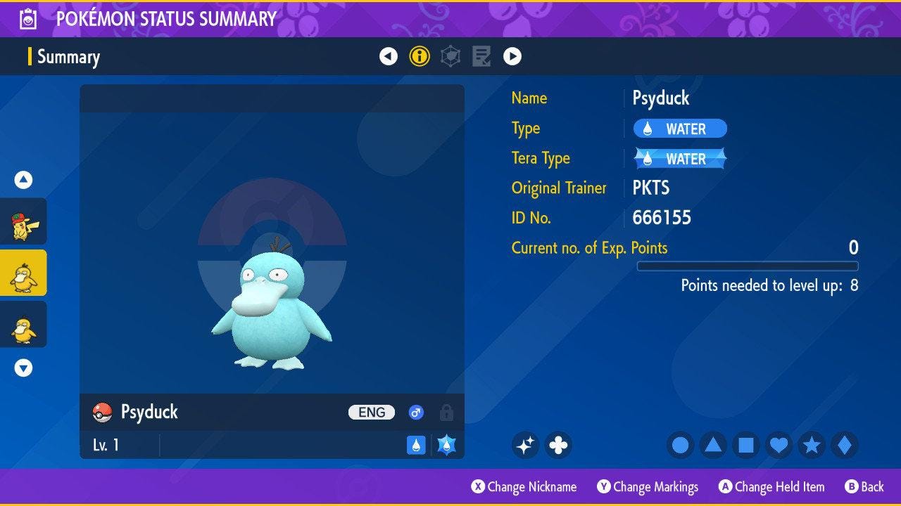 Foto de la carta Pokémon PSYDUCK Brillante Pokémon Escarlata Púrpura 6IV Competitivo Listo para la Batalla 2
