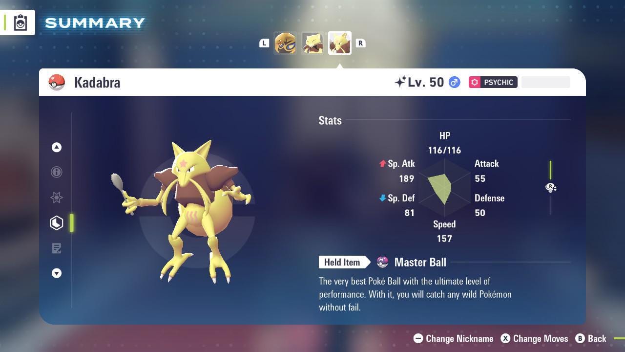 Foto de la carta Pokémon KADABRA variocolor Pokémon Legends ZA 6IV listo para la batalla competitiva