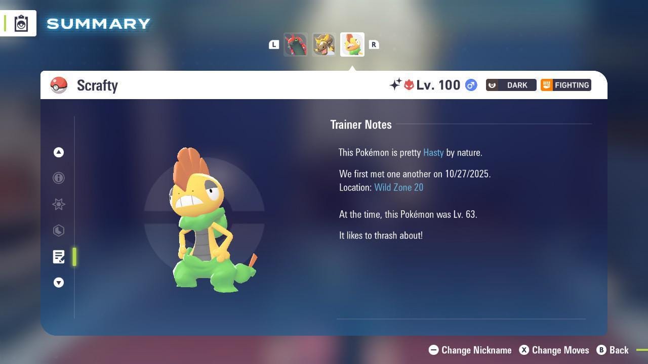 Foto de la carta Pokémon Alpha Scrafty variocolor Pokémon Legends ZA 6IV competitivo listo para la batalla 4