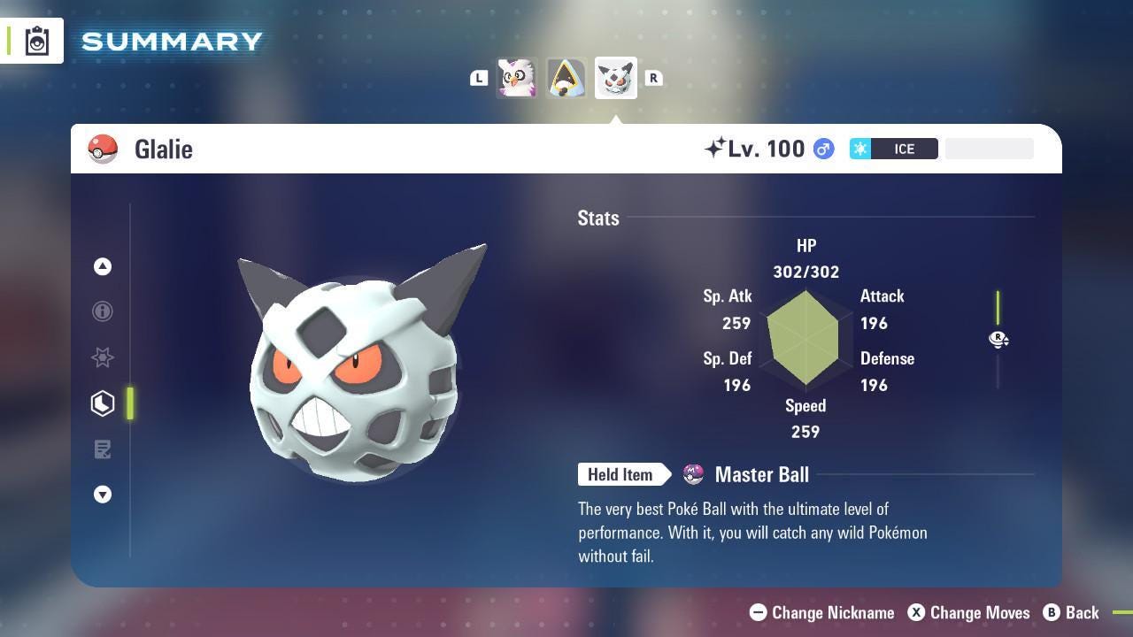 Foto de la carta Pokémon Shiny GLALIE Pokémon Legends ZA 6IV Listo para el Combate Competitivo