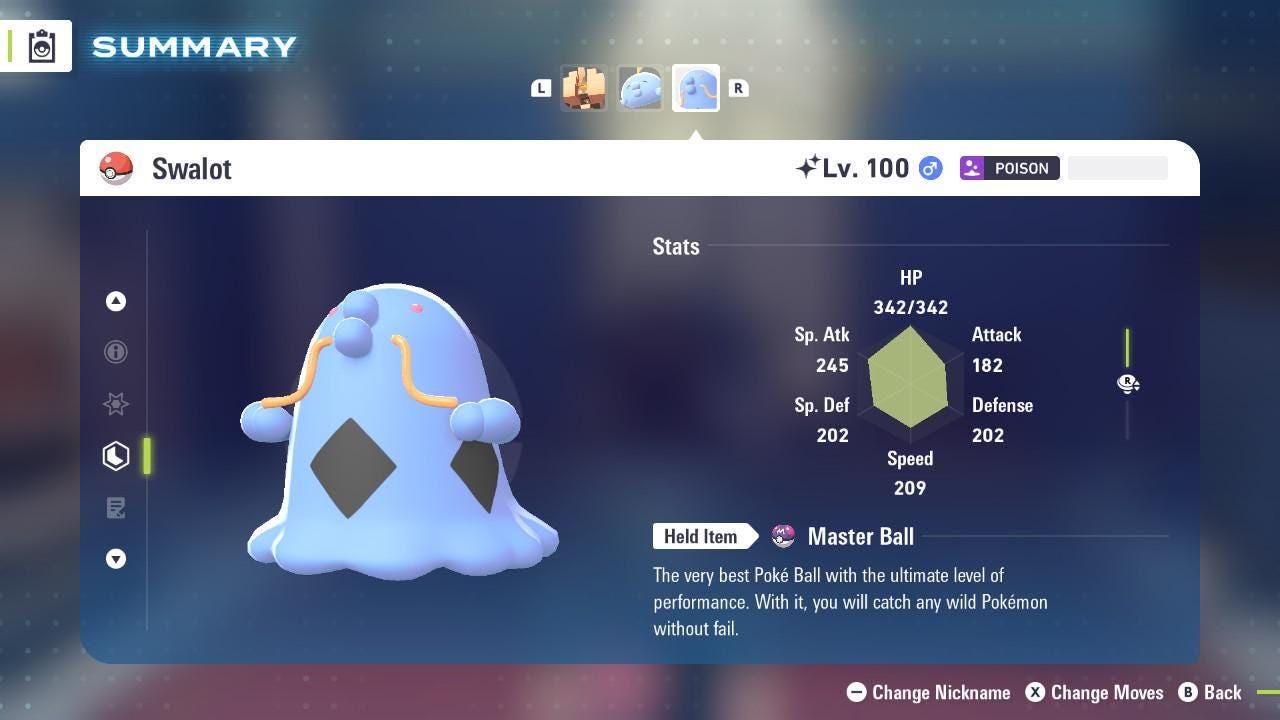 Foto de la carta Pokémon Shiny Swalot Pokémon Legends ZA Mega Dimension DLC 6IV Listo para el Combate Competitivo