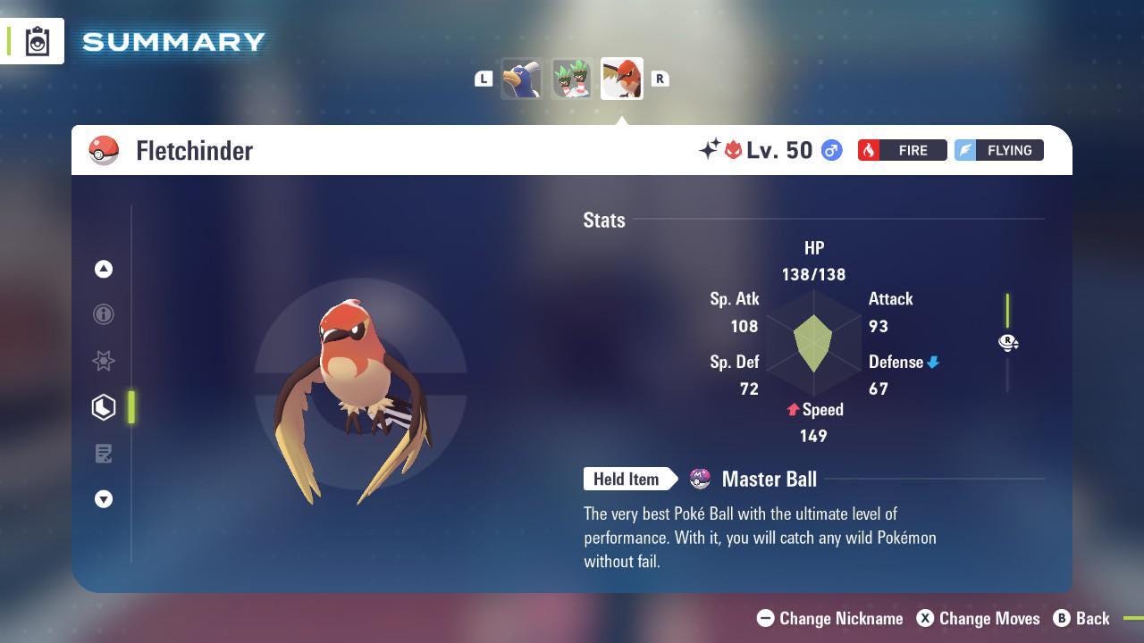 Shiny Alpha Fletchinder Pokémon Legends ZA 6IV Competitive Battle Ready Pokémon card photo