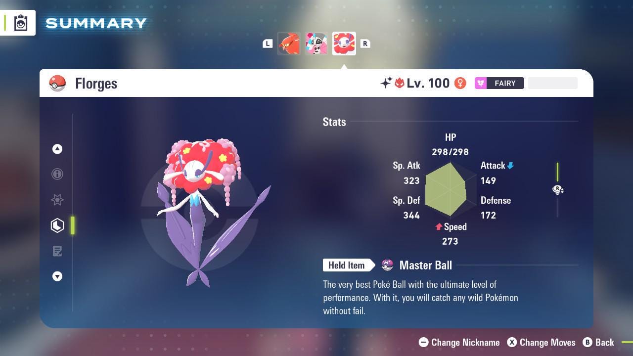 Foto de la carta Pokémon Shiny Alpha Florges Rojo Pokémon Legends ZA 6IV Listo para la Batalla Competitiva