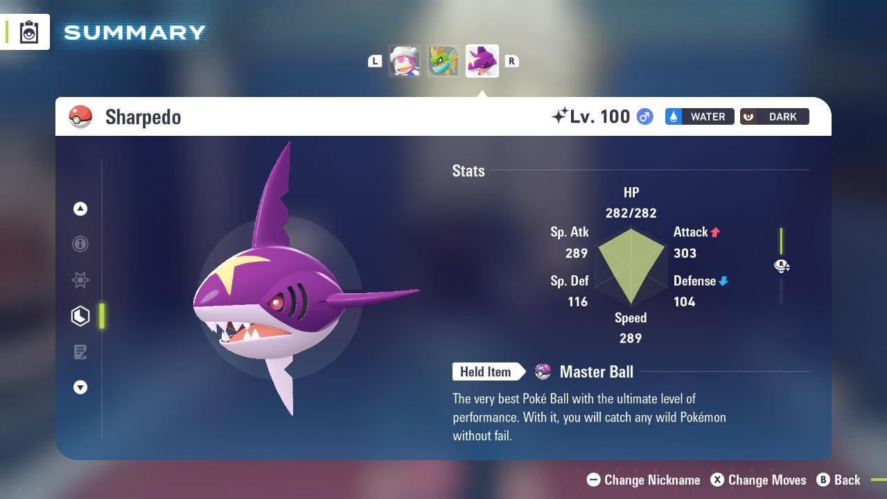 Foto de la carta Pokémon SHARPEDO variocolor Pokémon Legends ZA 6IV listo para el combate competitivo