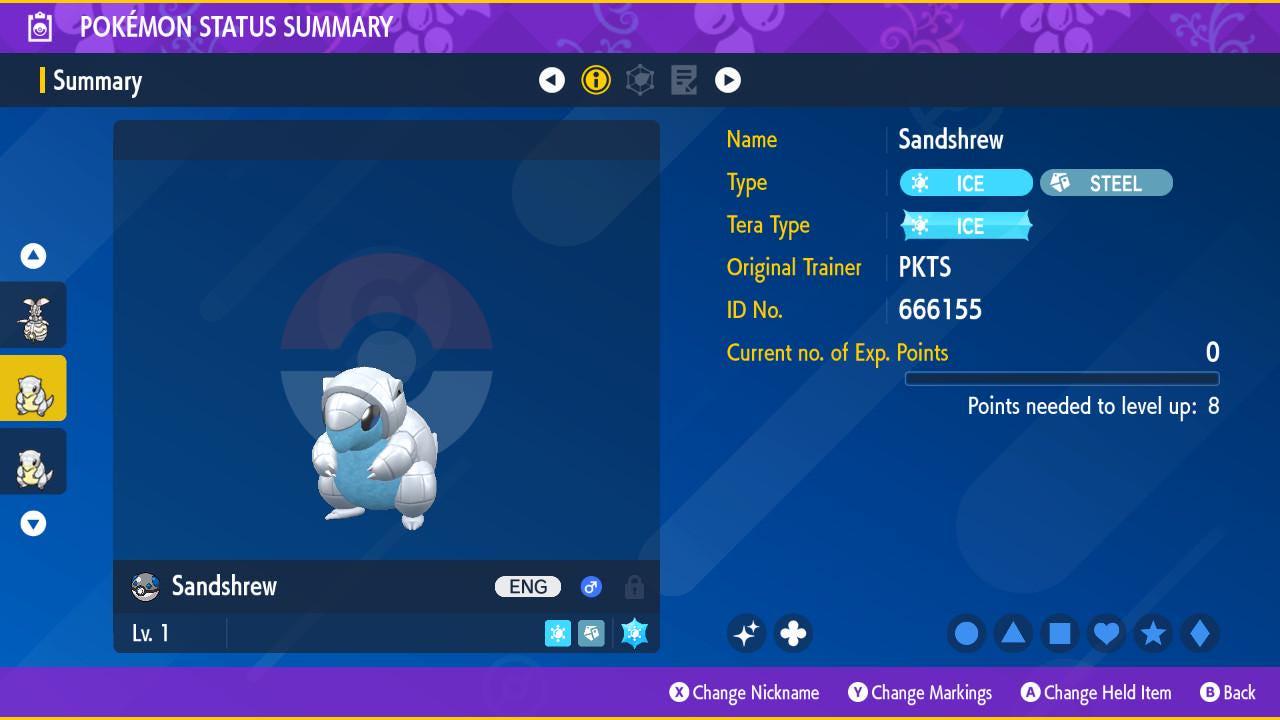 Foto de la carta Pokémon Sandshrew de Alola variocolor Pokémon Escarlata y Púrpura 6IV Pokémon Legends ZA competitivo listo para la batalla + EVs Switch 2