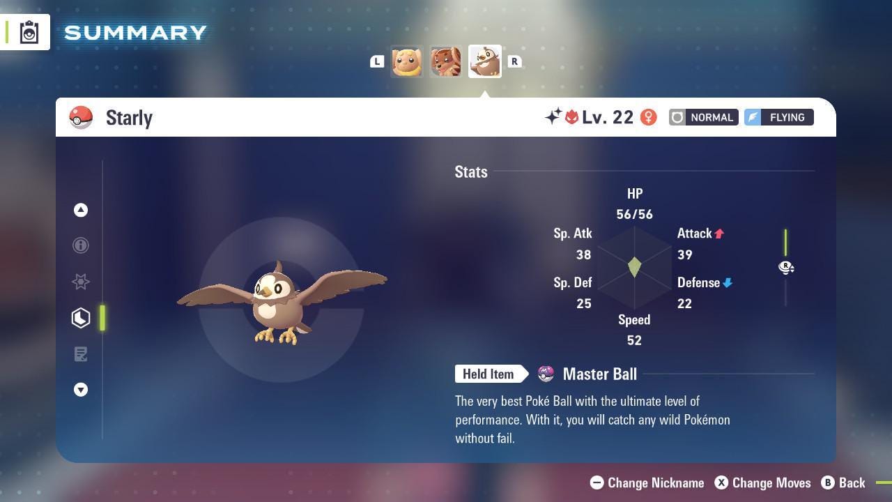 Foto de la carta Pokémon Shiny Alpha Starly Pokémon Legends ZA Mega Dimension DLC 6IV Listo para la Batalla Competitiva