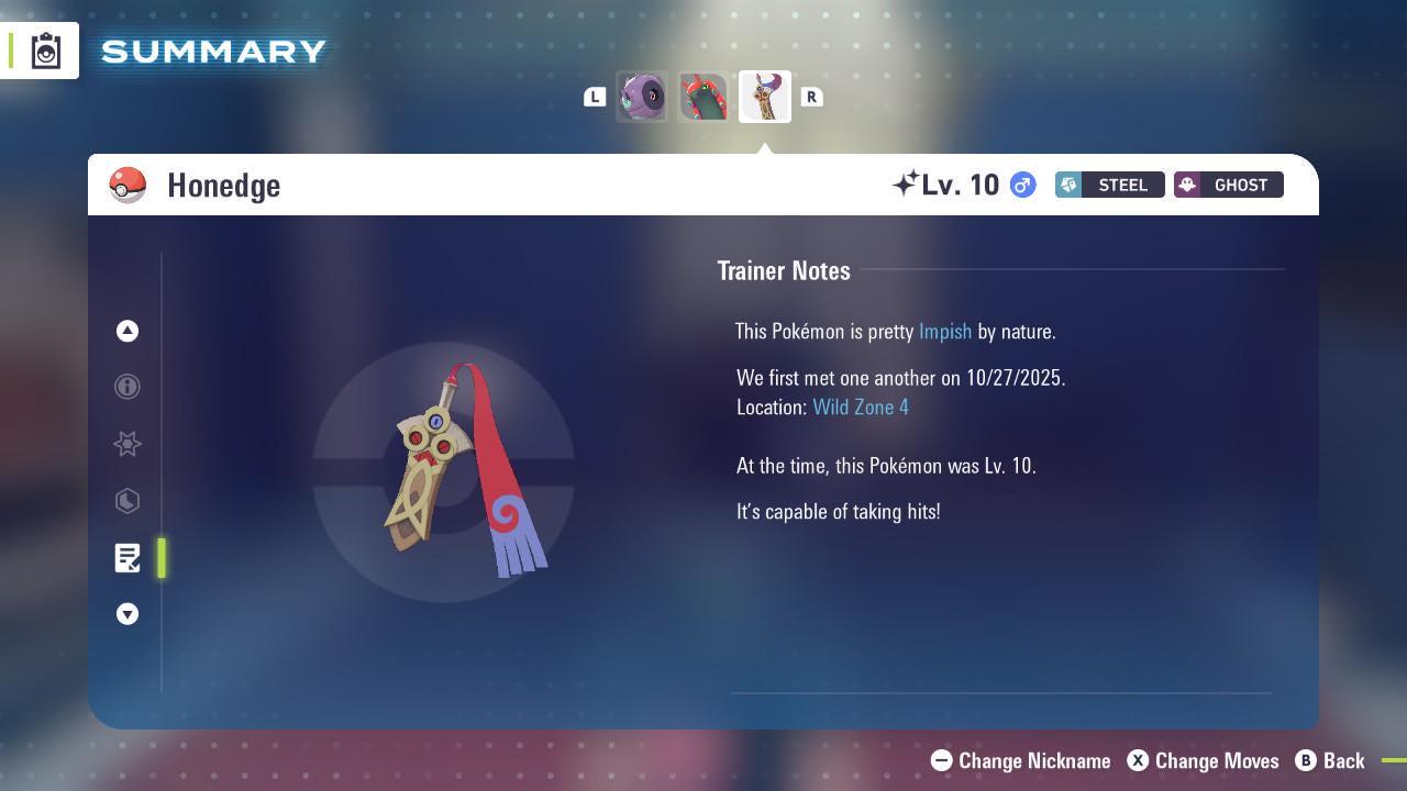 Foto de la carta Pokémon HONEDGE Variocolor Pokémon Leyendas ZA 6IV Competitivo Listo para la batalla 4