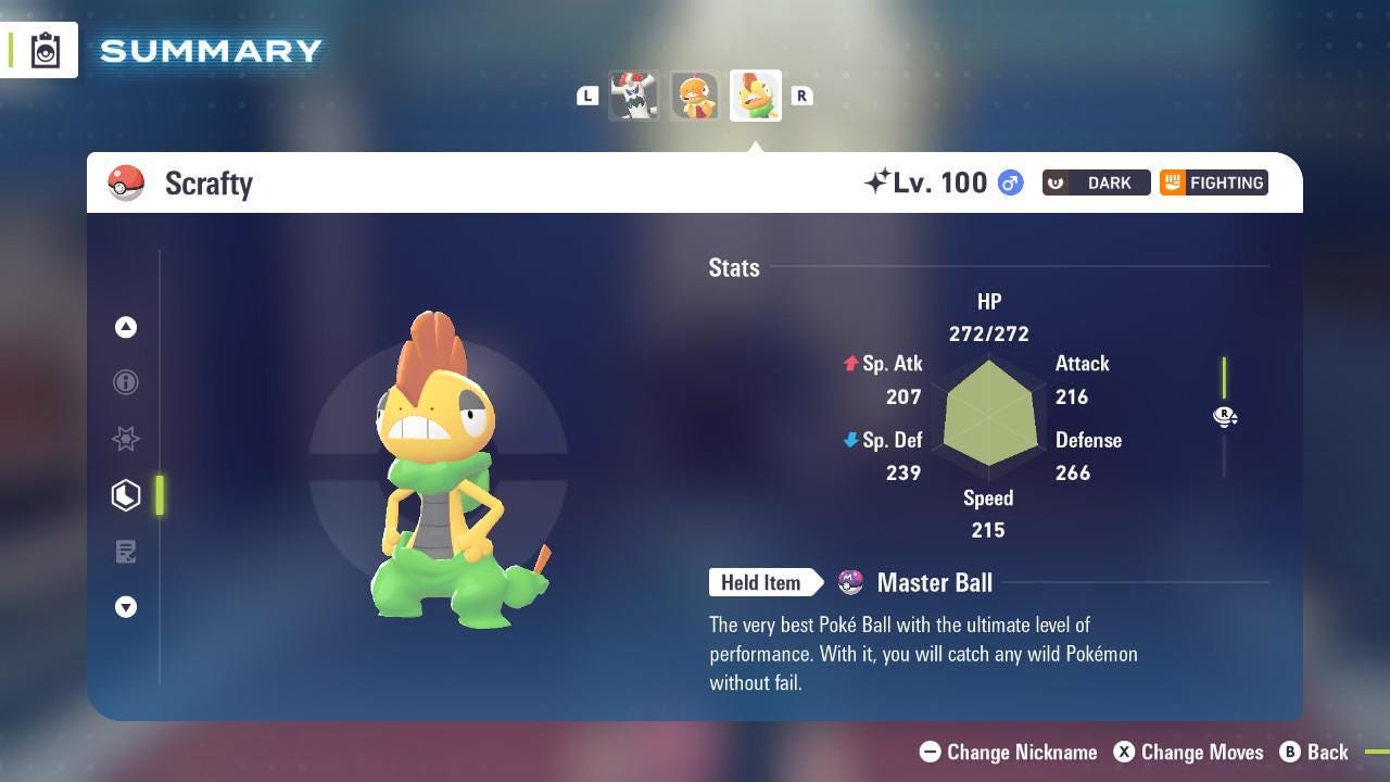Foto de la carta Pokémon Shiny SCRAFTY Pokémon Legends ZA 6IV Listo para el Combate Competitivo