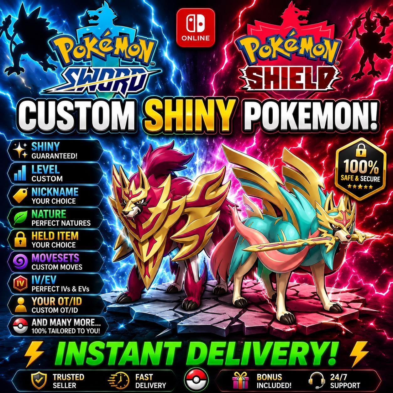 CUSTOM SHINY POKEMON Sword Shield Pokopia Ready Any Species Battle Ready 6IV Custom Ot Trainer Name Home Transfer Switch 2 Fast Delivery – Custom Pokémon Pokémon card photo