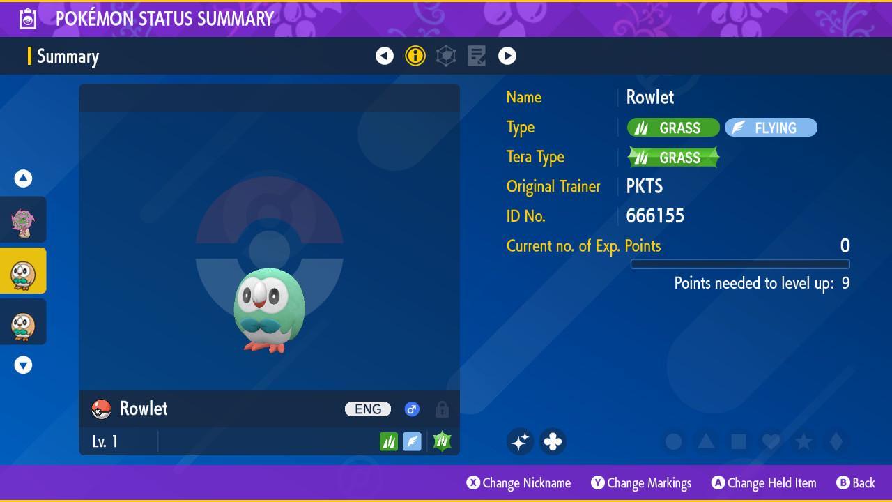 Shiny ROWLET Pokémon Scarlet and Violet 6IV Competitive Battle Ready – Scarlet & Violet Pokémon card photo