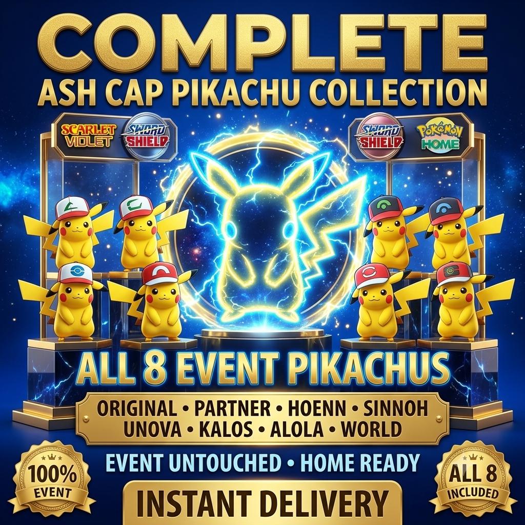 8 Ash Cap Pikachu Set for Pokemon 30th Anniversary Event Untouched Home Transfer Pokedex Completion – Exclusive Event Pokémon Pokémon card photo