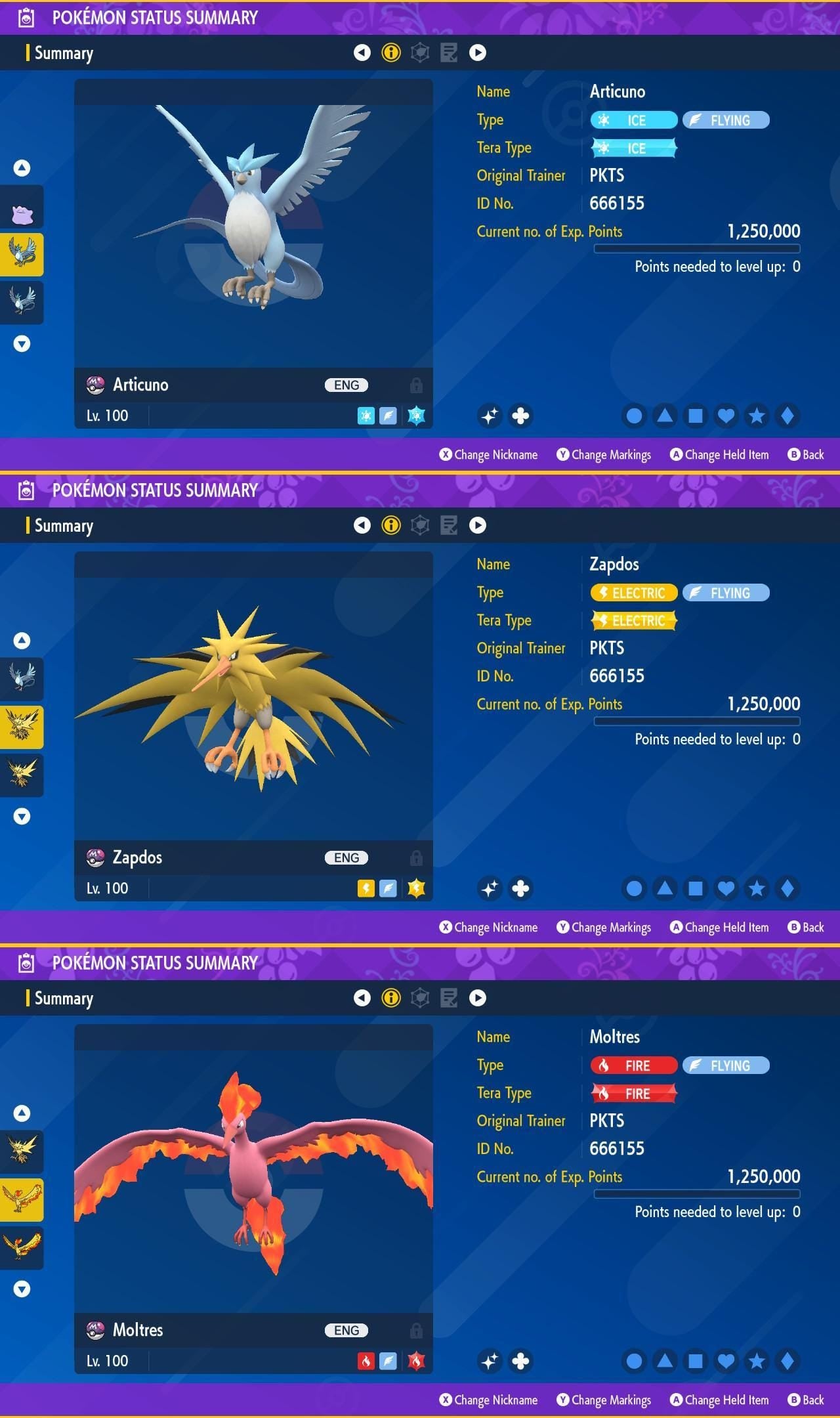 SHINY Articuno, Zapdos, Moltres Bundle Pack 6IV EV Pokémon Scarlet and Violet 6IV Competitive Battle Ready Pokémon card photo 2