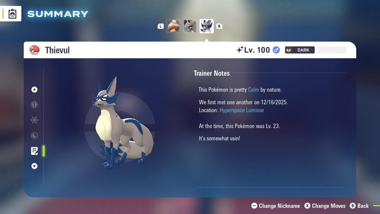 Foto de la carta Pokémon Thievul variocolor Pokémon Legends ZA Mega Dimensión DLC 6IV Listo para el combate competitivo 4