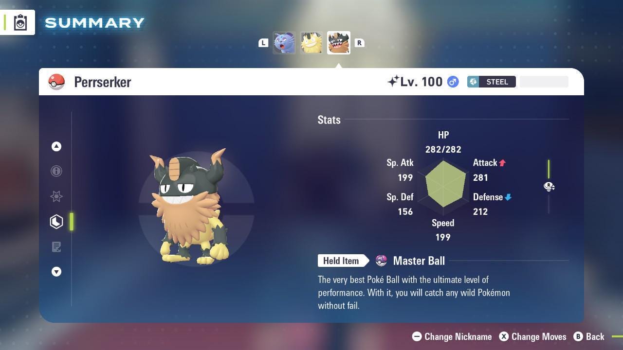 Фото покемона Shiny Perrserker Pokemon Legends ZA Mega Dimension DLC 6IV Готов к соревновательным боям