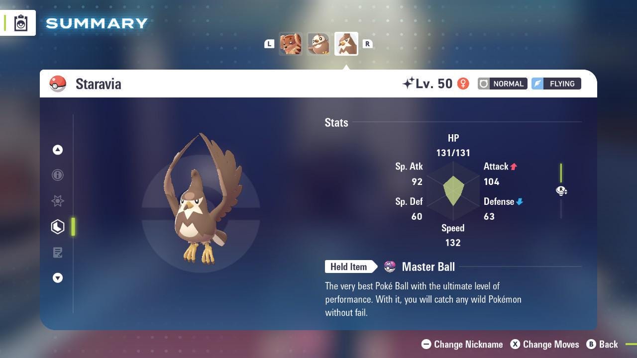 Foto de la carta Pokémon Staravia variocolor Pokémon Legends ZA Mega Dimensión DLC 6IV Listo para el combate competitivo