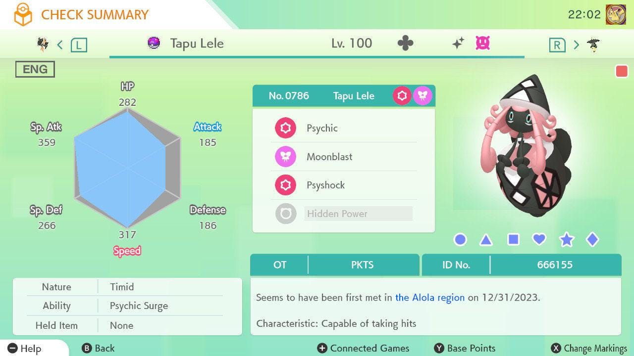 Shiny TAPU LELE Pokémon HOME 6IV Competitive Battle Ready – Pokémon HOME Transfers Pokémon card photo