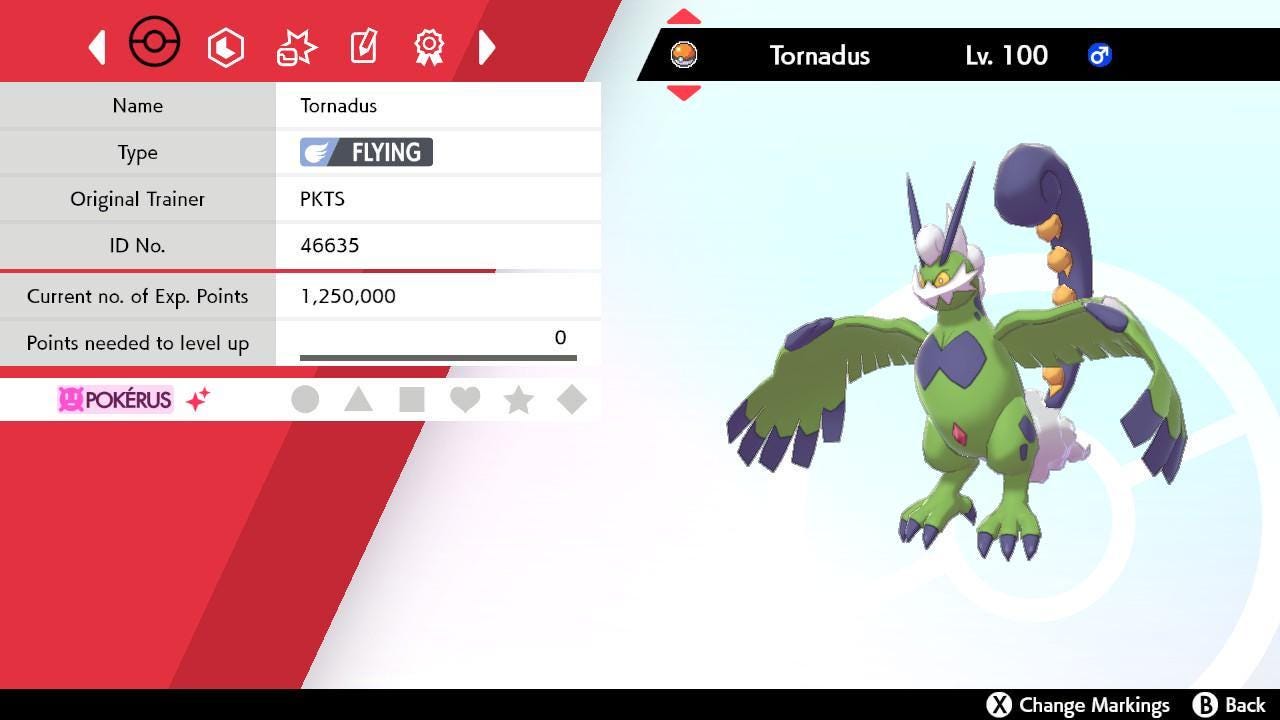 Foto de la carta Pokémon Shiny Forma Tótem TORNADUS Pokémon Espada y Escudo 6IV Pokémon Listo para la Batalla Competitivo + EVs Shiny Gratis