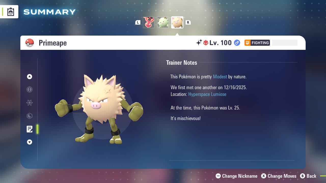Foto de la carta Pokémon Shiny Alpha Primeape Pokémon Legends ZA Mega Dimension DLC 6IV Listo para la Batalla Competitiva 4