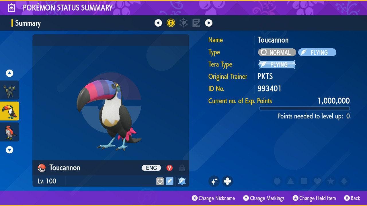 Foto de la carta Pokémon TOUCANNON variocolor Pokémon Escarlata Púrpura 6IV Listo para el Combate Competitivo
