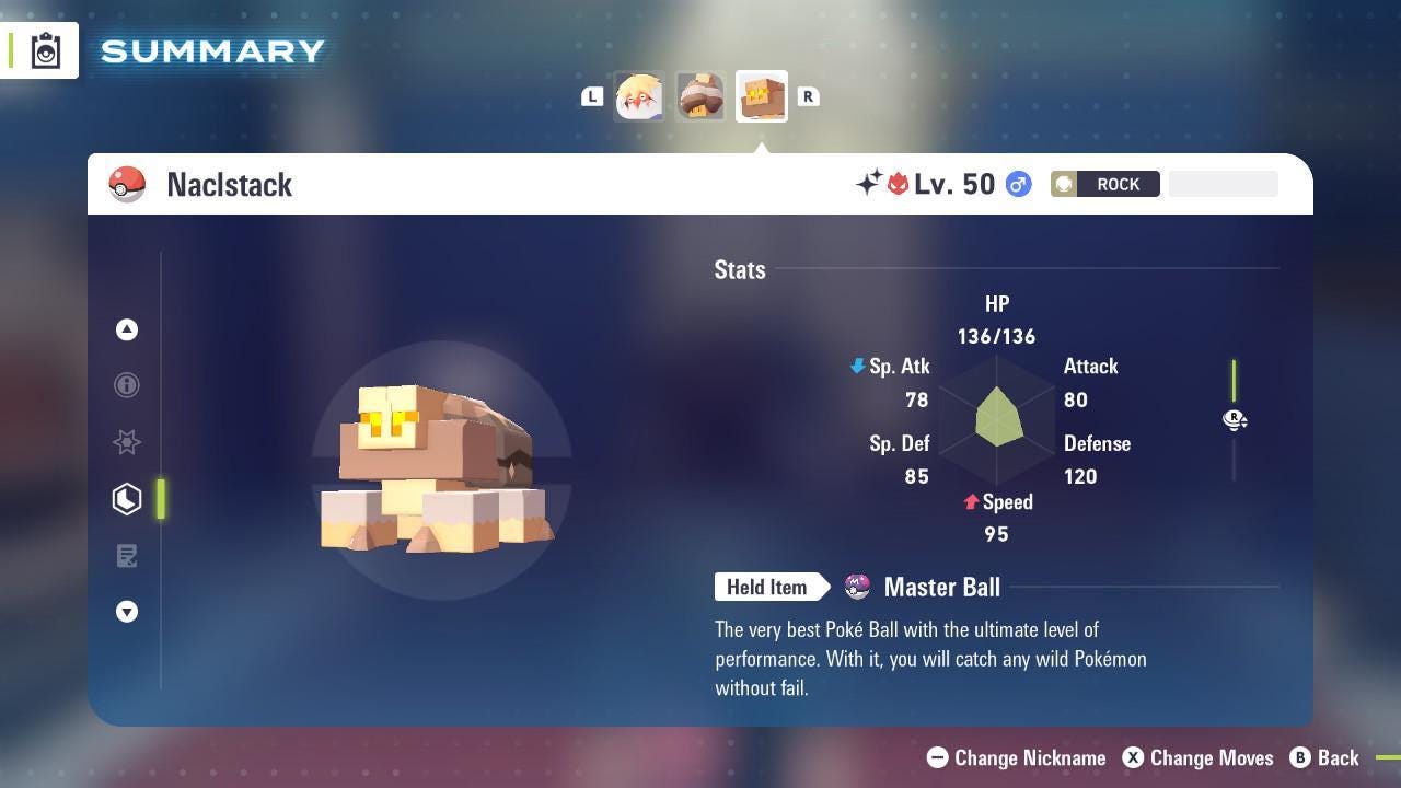 Foto de la carta Pokémon Shiny Alpha Naclstack Pokémon Legends ZA Mega Dimension DLC 6IV Listo para el Combate Competitivo