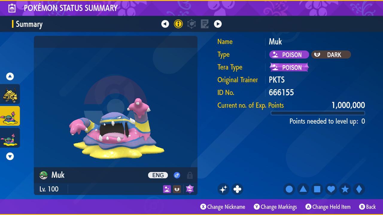 Foto de la carta Pokémon Muk de Alola variocolor Pokémon Escarlata y Púrpura 6IV Pokémon Legends ZA competitivo listo para la batalla + EVs Switch 2