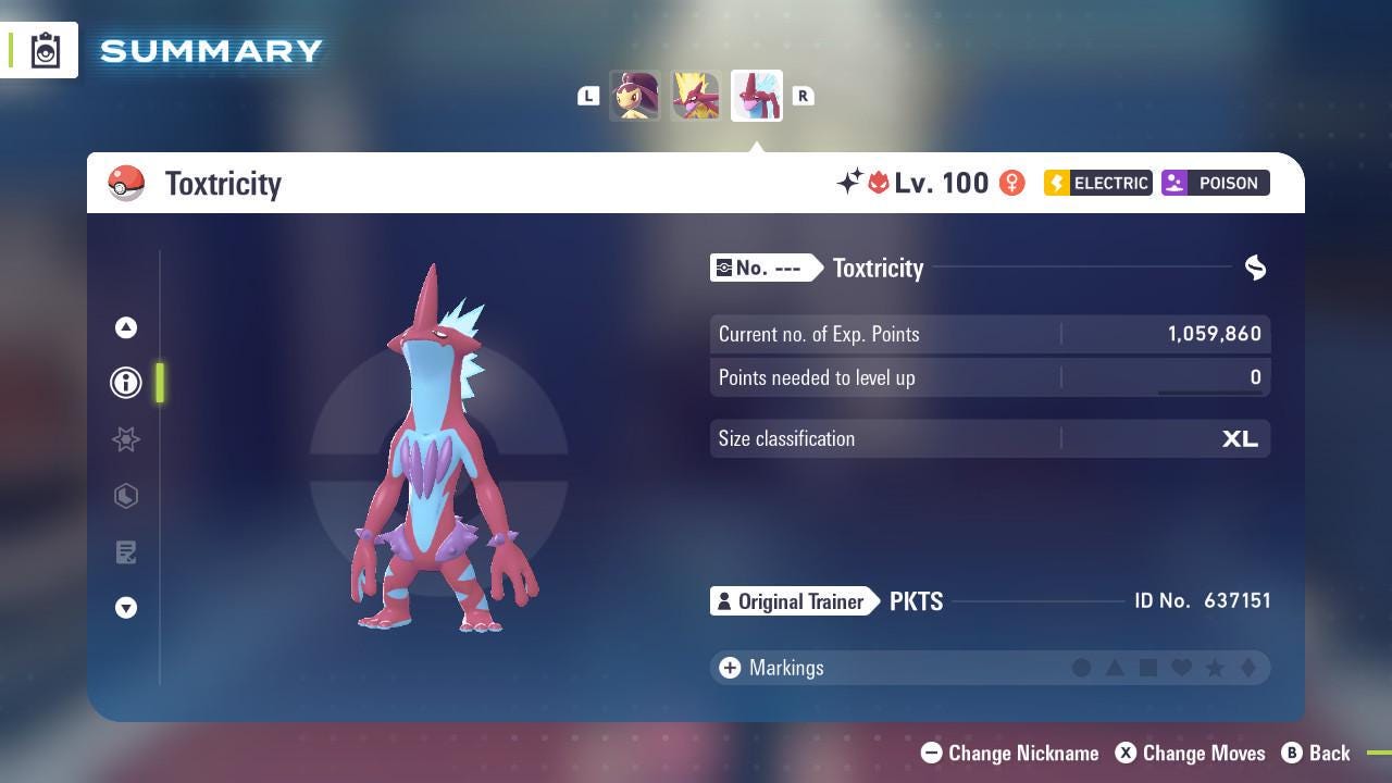 Foto de la carta Pokémon Shiny Alpha Toxtricity Forma Aguda Pokémon Legends ZA 6IV Listo para la batalla competitiva 3