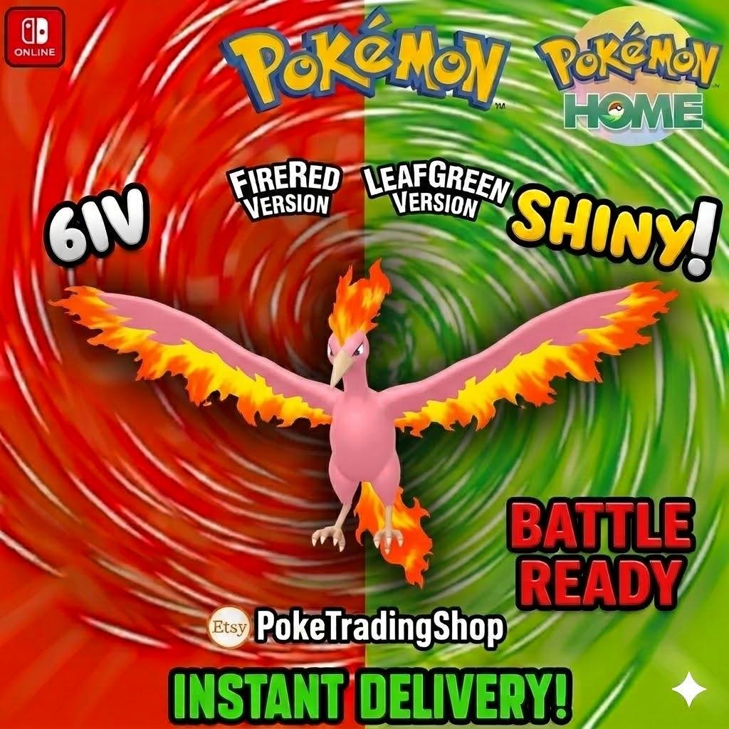 Foto de la carta Pokémon MOLTRES VARIOCROMÁTICO Pokémon Rojo Fuego Verde Hoja 6IV Competitivo Listo para la Batalla